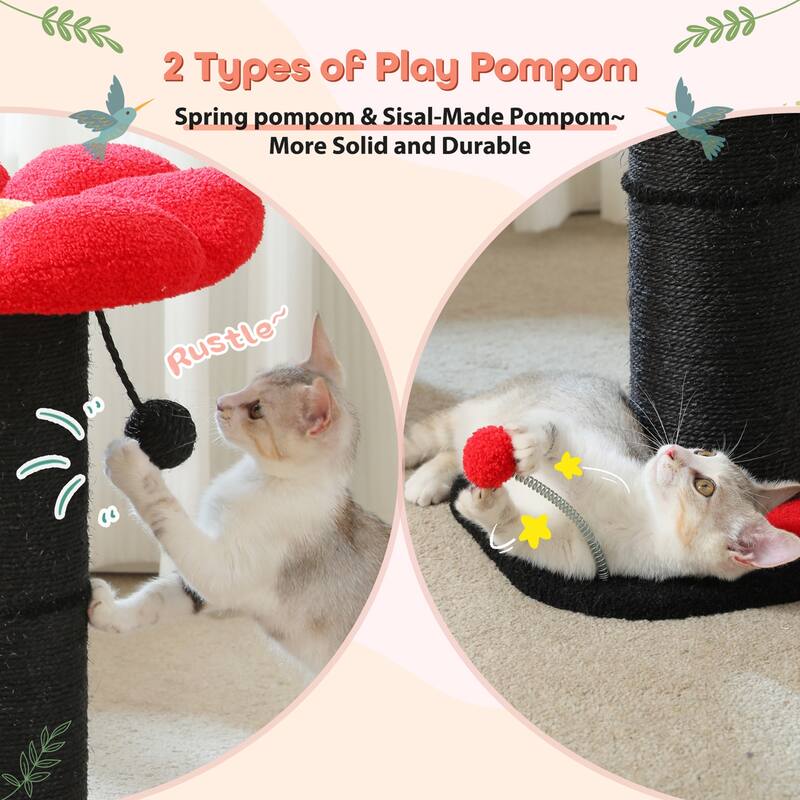 Small Flower Cat Scratching Post, Cat Tree with Super Thick Scratching Post, Removable Flower Cat Bed & Spring Ball
