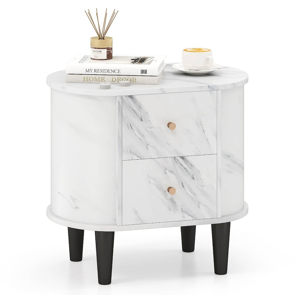 Gymax Nightstand w/ 2 Drawers Faux Marble Bedside Table for Small