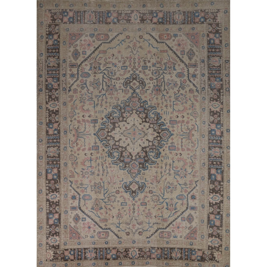 Geometric Beige Tabriz Persian Rug Hand-Knotted Wool Carpet - 8'1"x 10'8"