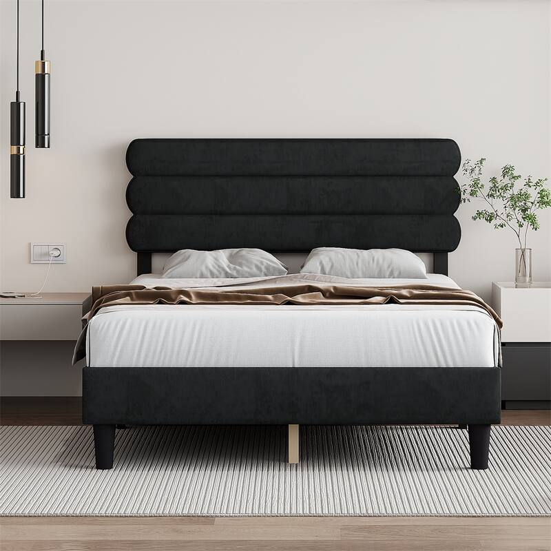 Queen Size Sturdy Platform Bed with Wooden Slats Support and Headboard - Dark Grey