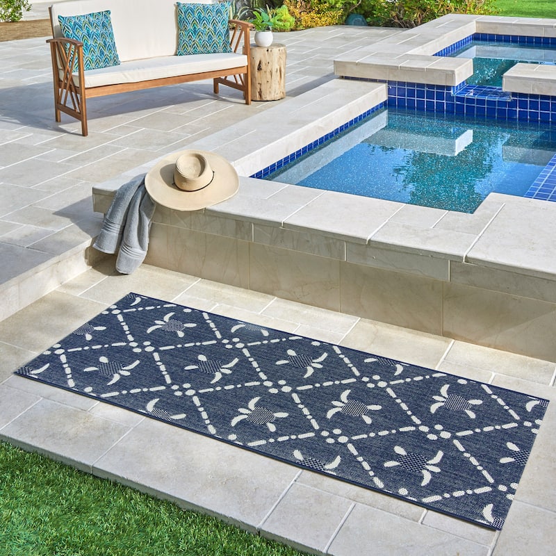 Reyn Spooner Kona Coast Royal Honu Navy Blue Sea Turtle Flatweave Indoor/ Outdoor Area Rug Runner - 2'2" x 6'