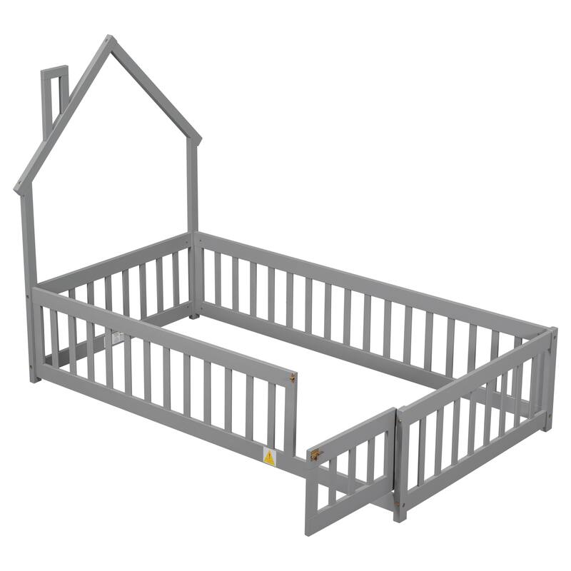 GDFStudio - Ethan American-Style Pine Twin Bed with House-Headboard and Fence Design