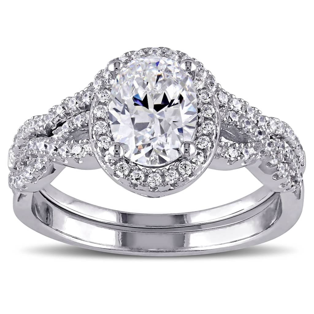 Miadora Sterling Silver Oval and Round-cut Cubic Zirconia Halo Bridal Ring set