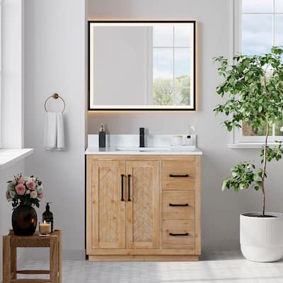 Anais Single Bathroom Vanity in Light Brown with Grain White Engineered Stone Countertop with Mirror