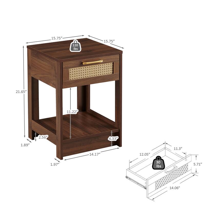 Modern Rattan Nightstand Small Side Table with Drawer for Bedroom or Living Room