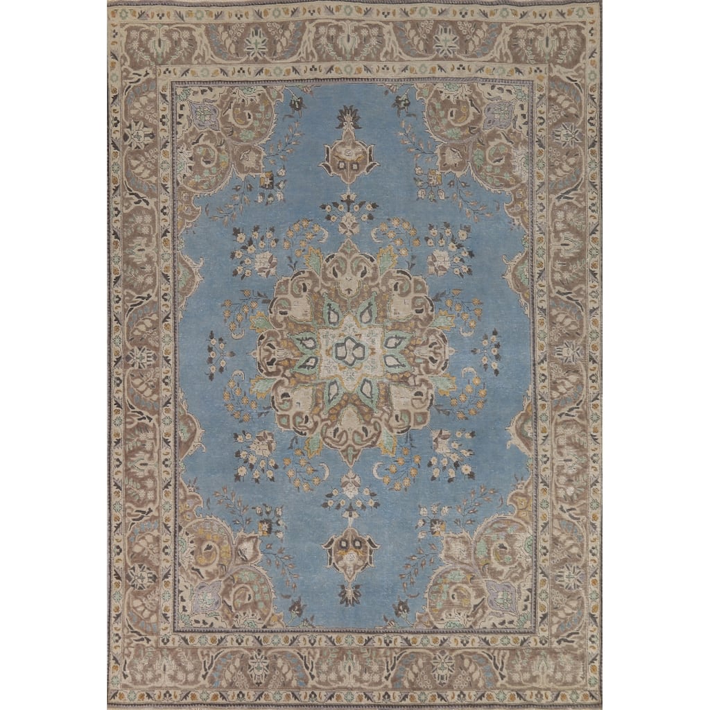 Blue Tabriz Persian Vintage Area Rug Handmade Bedroom Wool Carpet - 8'1" x 11'4"