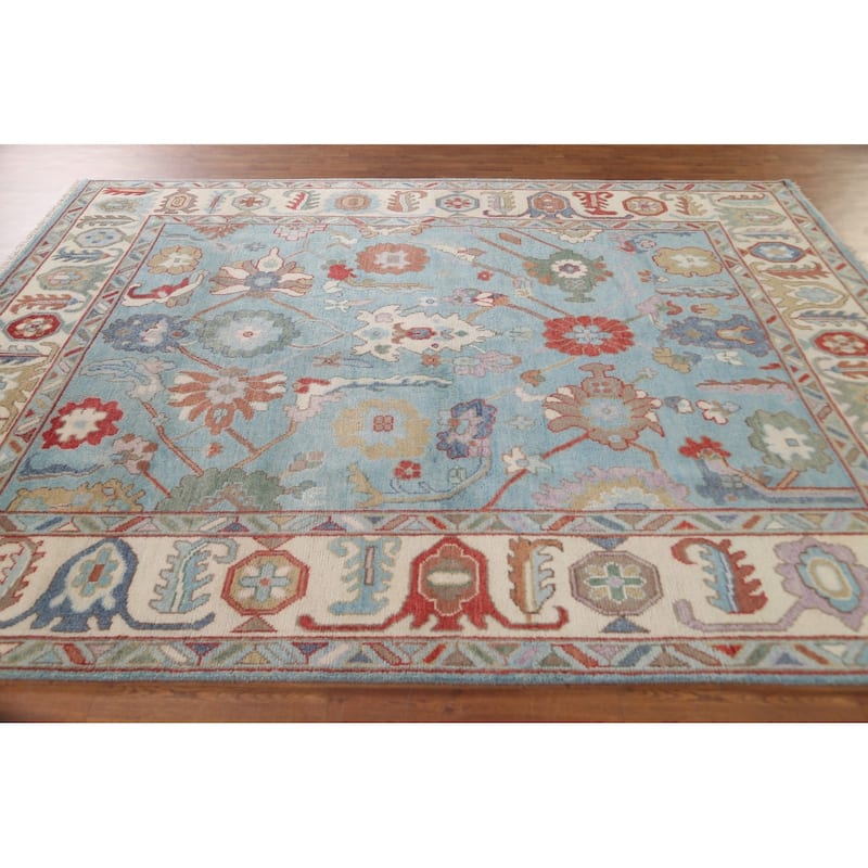 Light Blue Oushak Area Rug Hand-Knotted Oriental Wool Carpet - 7'11"x 9'11"