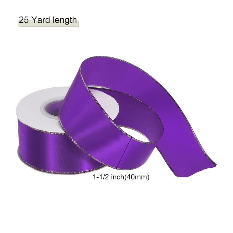 Satin Ribbon with Gold Edges Border Grosgrain Fabric Ribbon for Decor - Dark Purple - 1 1/2 Inch x 25 Yard