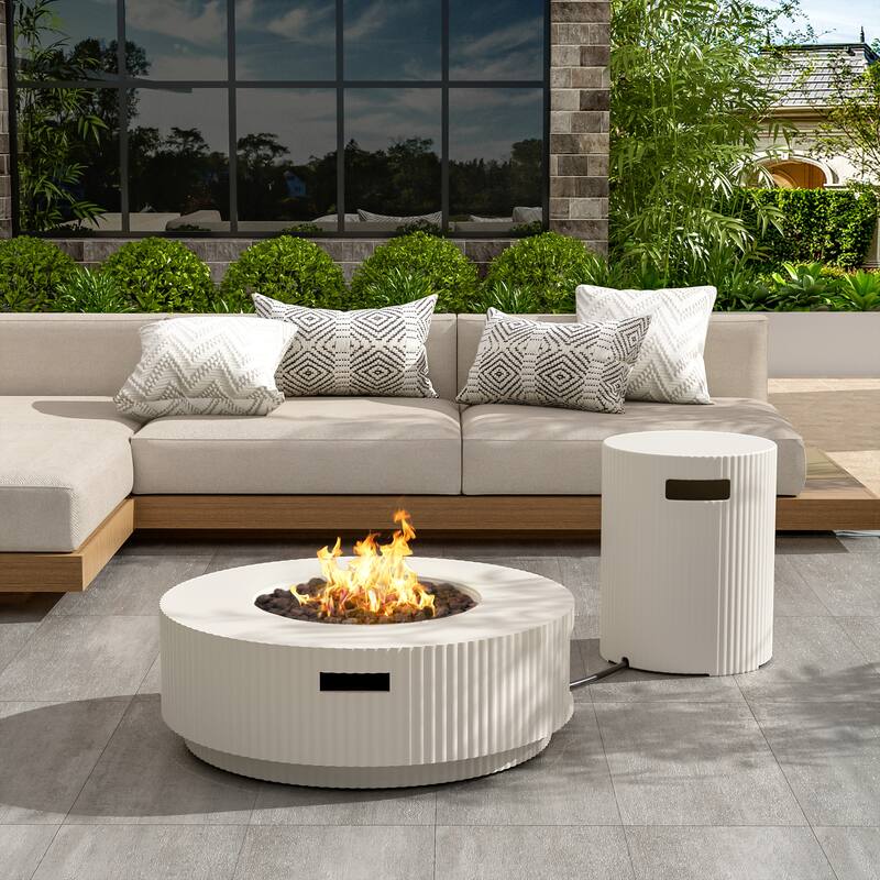 Christopher Knight Home - Trenton Outdoor Fire Pit Table and Side Table Set with Travertine Stone Texture and Durable MGO Build