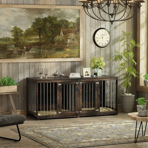 70'' W Dog Crate Furniture, Dog Kennel Furniture with Divider