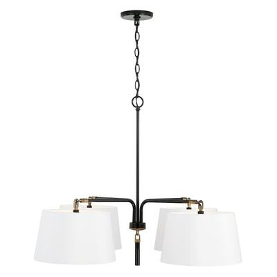 Beckham 36" 4-light Glossy Black/ Aged Brass Chandelier w/ White Fabric Drum Shades