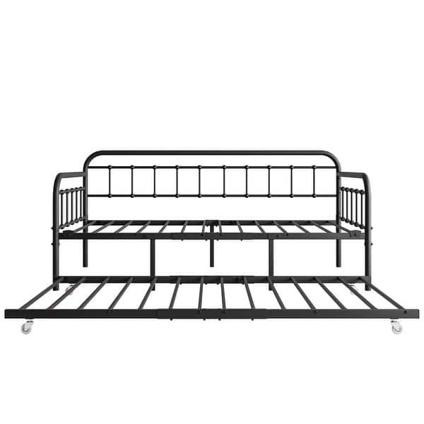 slide 2 of 6, Twin Size Metal Daybed Frame with Trundle, Heavy Duty Steel Slat Support Sofa Bed Platform with Headboard, No Box Spring Needed Black