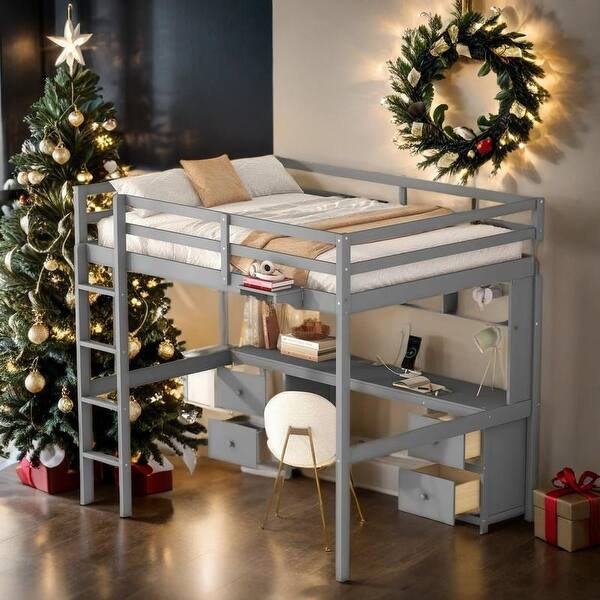 slide 2 of 18, Full Size Loft Bed with Desk, Cabinets, Drawers and Bedside Tray, White Grey