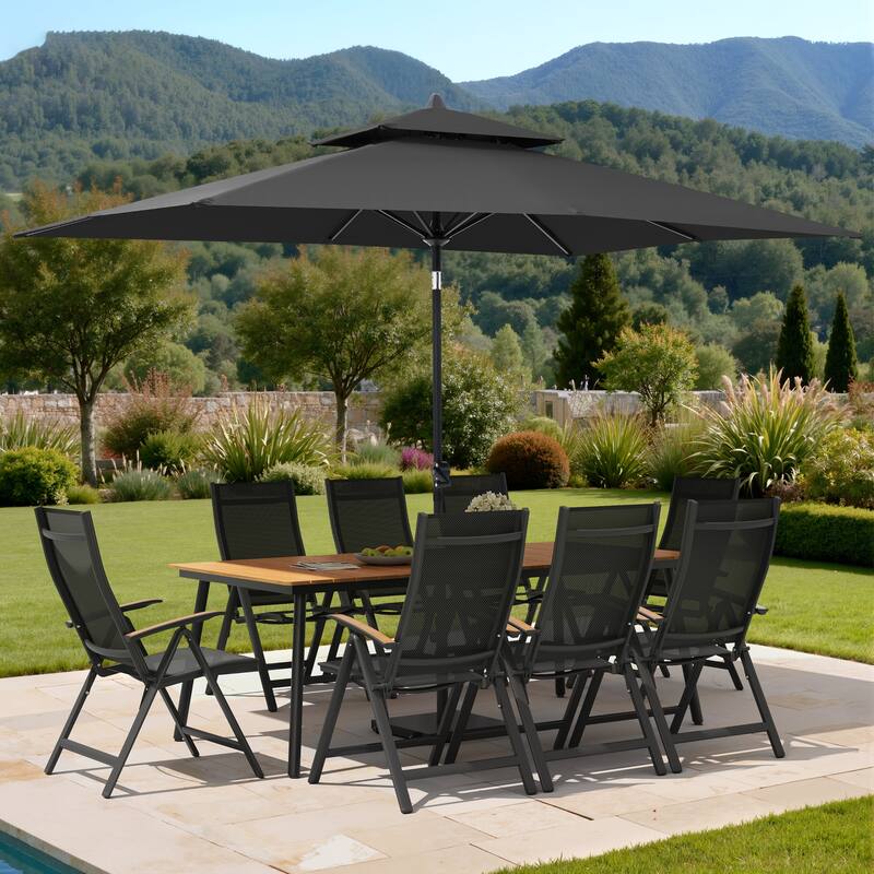 11PC Outdoor Patio Dining Set WoodLike Aluminum Umbrella Hole Table with Folding Chair,Double Top Market Umbrella and Wheel Base - BrownTable&BlackChairs&BlackUmbrella