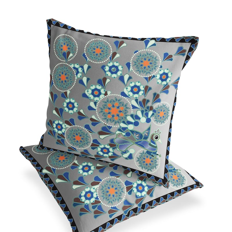 HomeRoots Set of Two 16" X 16" Gray and Orange Peacock Blown Seam Floral Indoor Outdoor Throw Pillow - 16.00' X '16.00' X '5.00