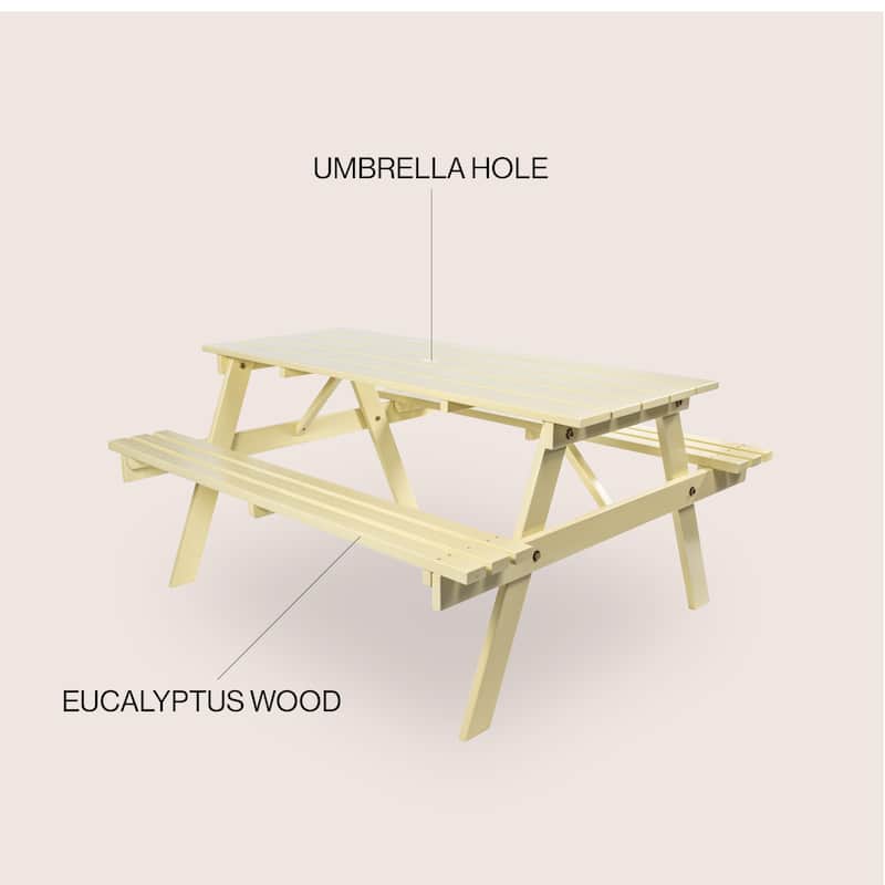 Porto 59" Modern Classic Outdoor Wood Picnic Table Benches with Umbrella Hole, by JONATHAN Y