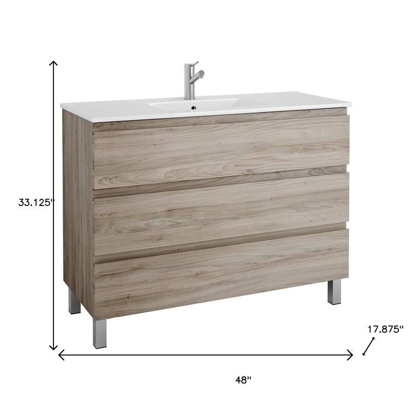 HomeRoots 48" Natural Wood Freestanding Bathroom Vanity With White Sink And Three Drawers - 48.00 in. x 33.12 in. x 17.88 in.