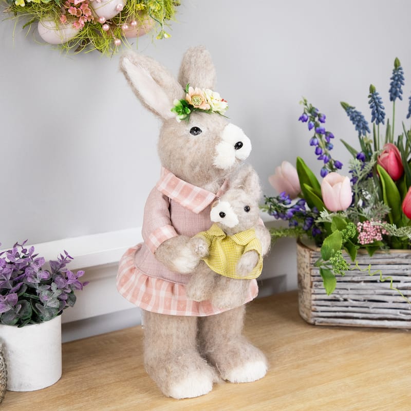 Mother Rabbit with Baby Bunny Easter Figure - 14.5" - Brown and Rose Pink
