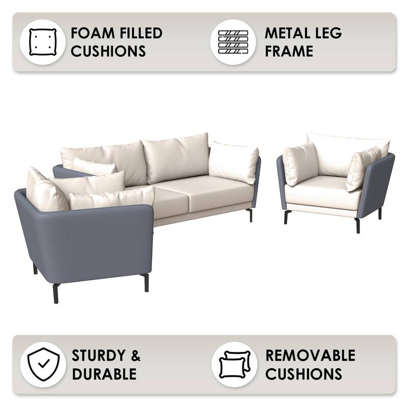 3-Piece Sofa Set Upholstered PU Leather with Metal Legs Removable Cushions for Modern Home Luxify Series by LeisureMod