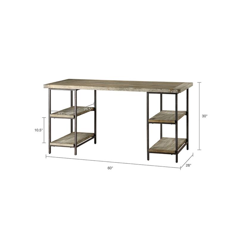 Roomfitters 60-Inch Industrial Accent Desk, Reclaimed Gray Wood Finish with Side Shelving and Black Metal Base - Grey