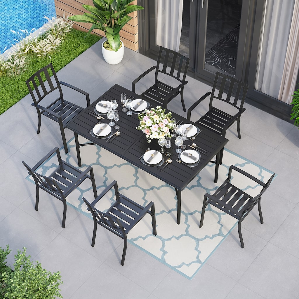MAISON ARTS 7-Piece Metal Patio Dining Set With 1 Rectangular Table & 6 Stackable Dining Chairs