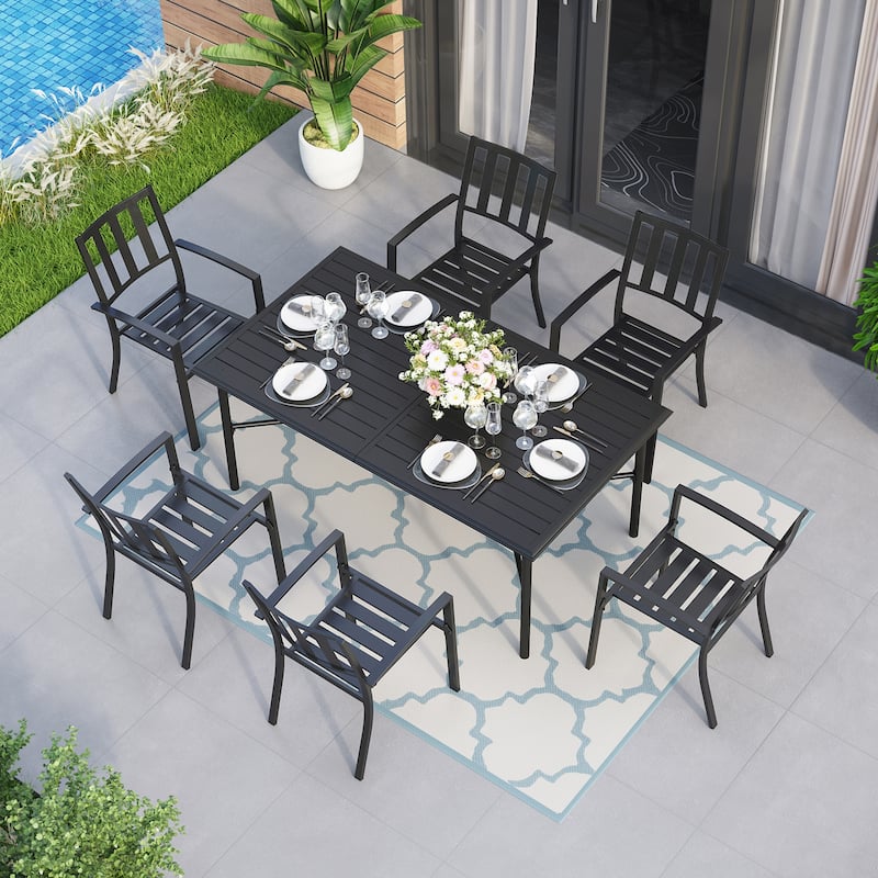 MAISON ARTS 7-Piece Metal Patio Dining Set With 1 Rectangular Table & 6 Stackable Dining Chairs - Modern Chairs