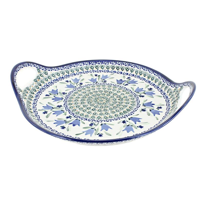 Blue Rose Polish Pottery 1333 Zaklady Round Serving Tray with Handles - Blue Tulip