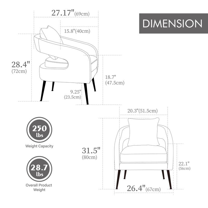 Open Back Accent Chair Barrel Dining Chair with Metal Legs, Club Chair Leisure Chair Green Armchair Lounge Chair