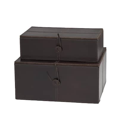 Leather Handmade Decorative Box with Hinged Lid - Set of 2 Gray, Brown, Dark Brown, Gold, Silver - Roche River Decor