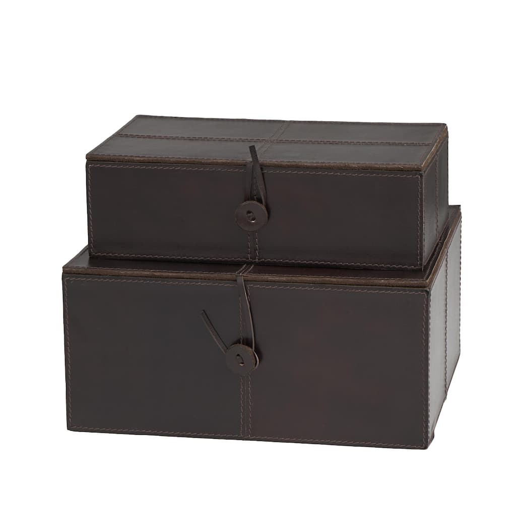 Leather Handmade Decorative Box with Hinged Lid - Set of 2 Gray, Brown, Dark Brown, Gold, Silver - Roche River Decor