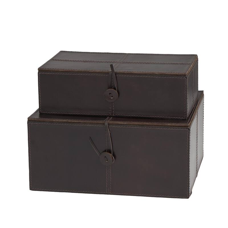 Leather Handmade Decorative Box with Hinged Lid - Set of 2 Gray, Brown, Dark Brown, Gold, Silver - Roche River Decor - Dark Brown - 11", 10"W