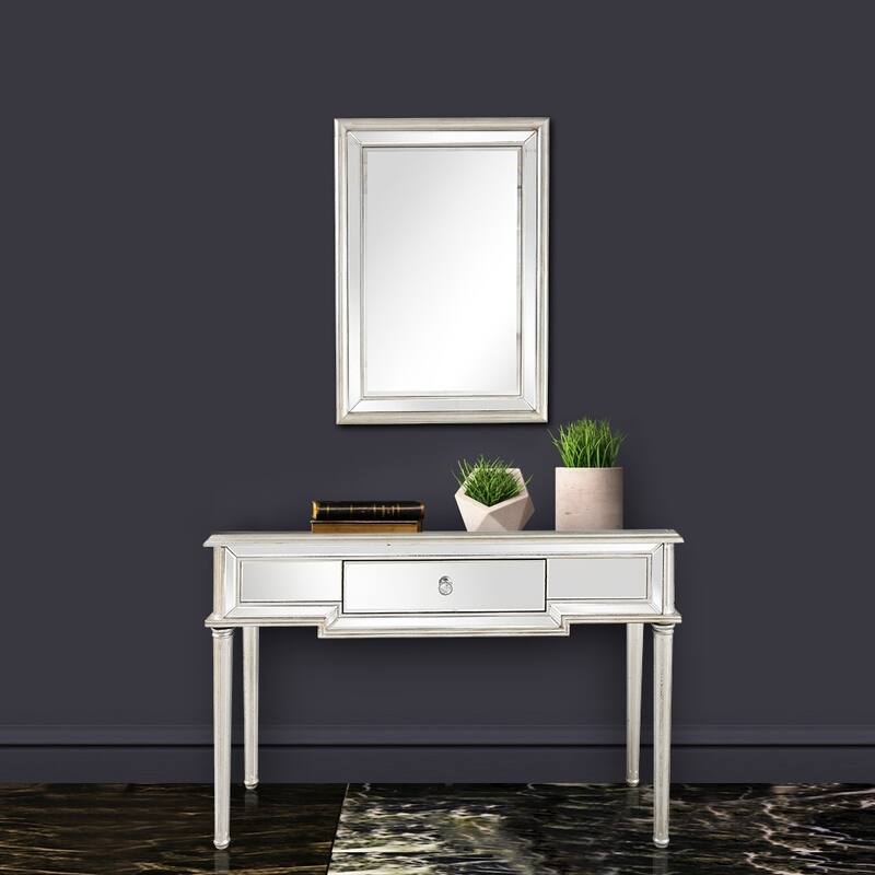 Silver Mirrored Glass Console Table, Antique Finish and 1 Drawer - 48” L x 17.2” W x 33.2” H