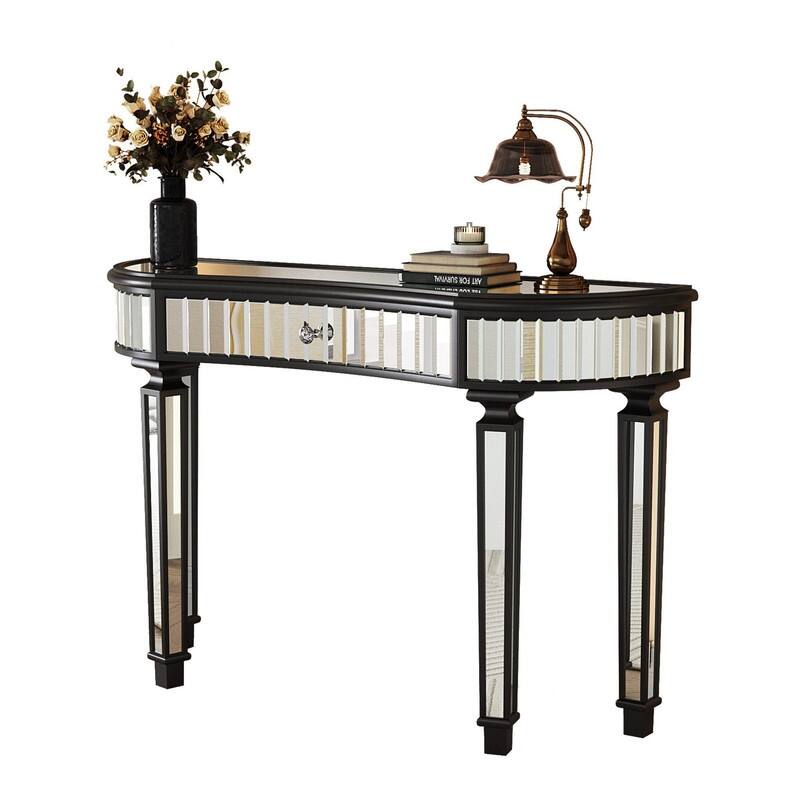 47" Half-Moon Mirrored Console Table with Fluted Glass and Storage Drawer for Stylish Entryway or Vanity