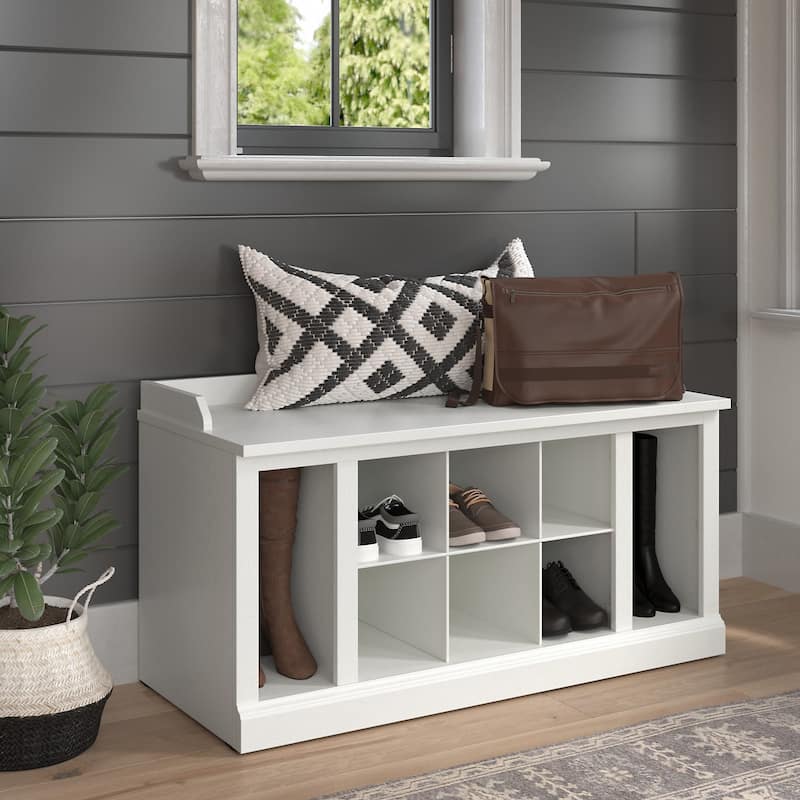Woodland 40W Shoe Storage Bench with Shelves by Bush Furniture - White Ash