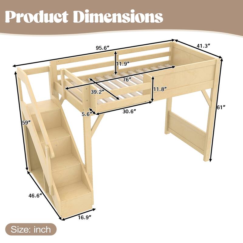 Full/Twin Loft Bed with Built-in Wardrobe, Storage & Stairs - Solid Wood, Full-Length Guardrails, No Box Spring