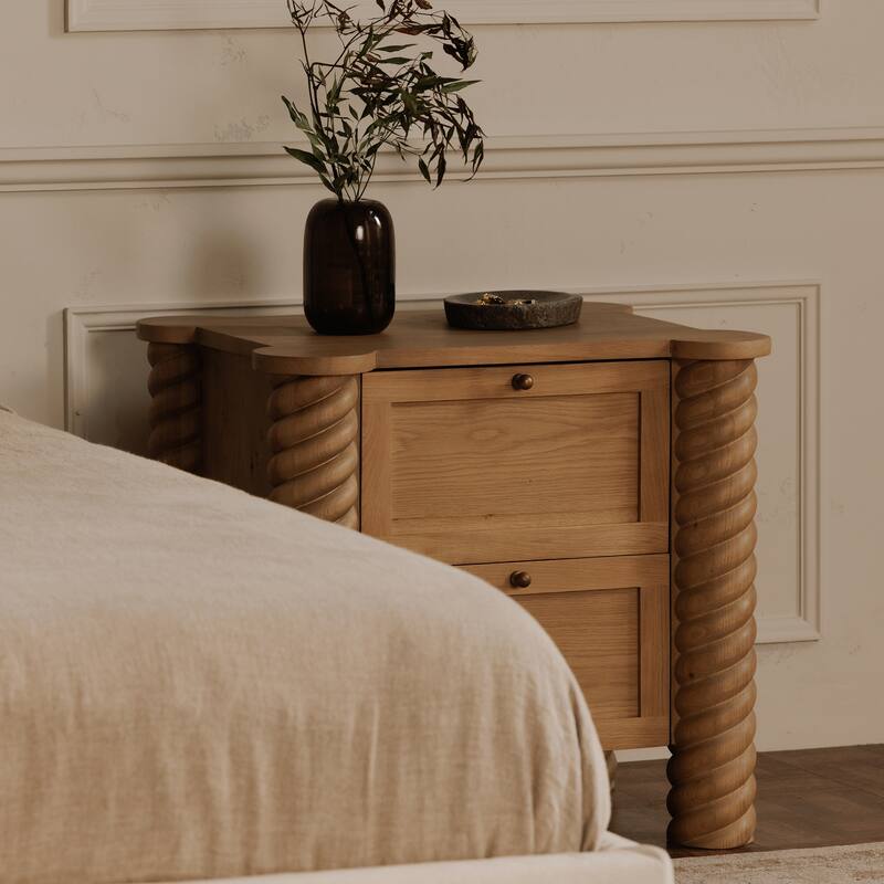 NADAAL STUDIOS Calvert Treccia Nightstand, Solid Oak with Oak Veneer Panels, 2 Drawers, Turned Legs, Natural Finish