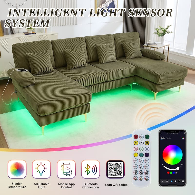 HOMEFUN Corduroy Upholstered U-shaped Adjustable Light Modular Sectional Sofa With Type-C and USB ports