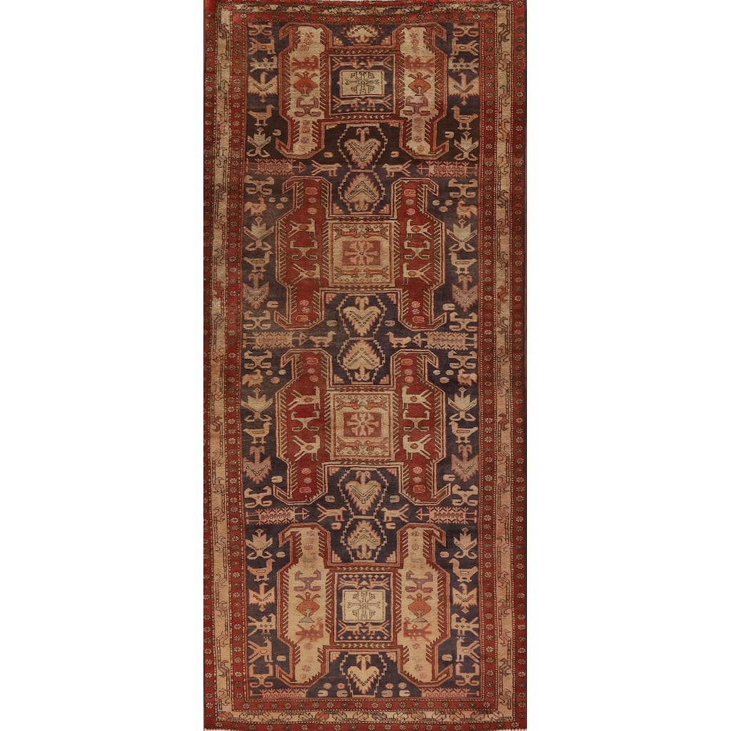 Animal Pictorial Meshkin Persian Runner Rug Vintage Wool Carpet - 4'2"x 10'7"