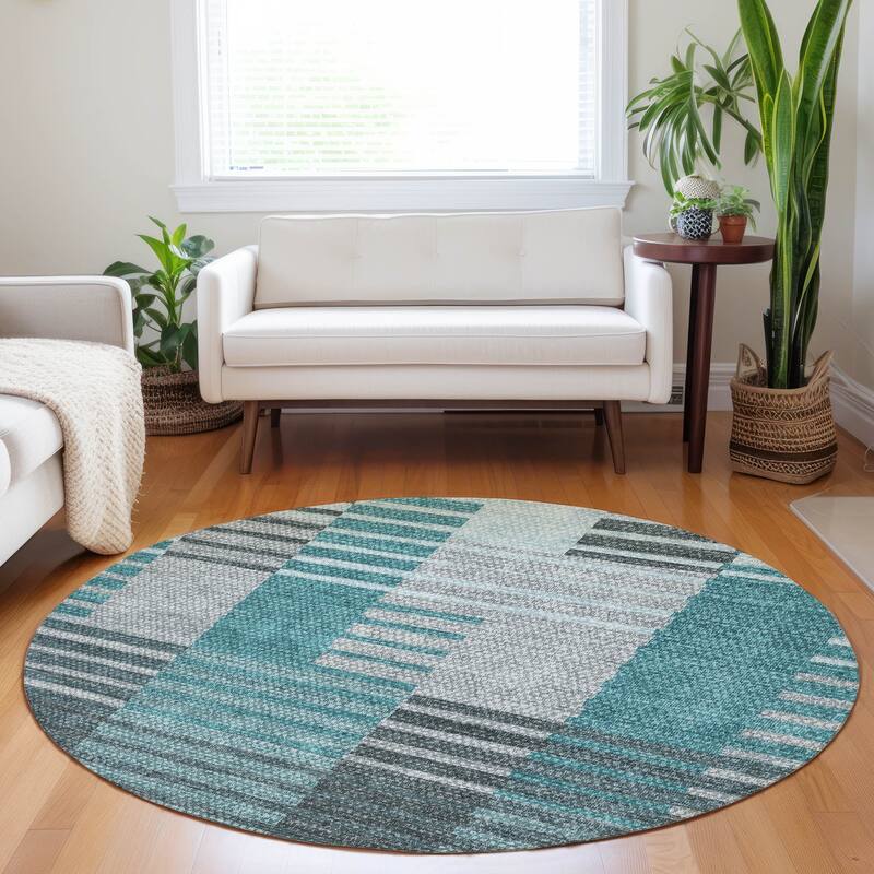 Machine Washable Indoor/ Outdoor Chantille Contemporary Stripes Rug - Teal - 8' x 8'