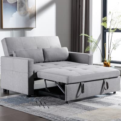 Linen Fabric 3-in-1 Convertible Sleeper Loveseat with Side Pocket