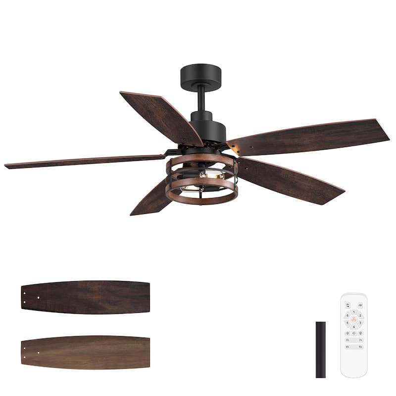 52-inch Farmhouse Ceiling Fan with Light and Remote-5 Reversible Blades