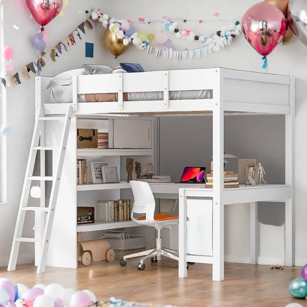 slide 2 of 17, Full Size Loft Bed with Desk and Shelf,Solid Construction for Home