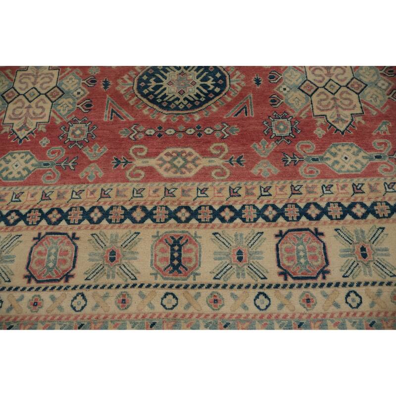 Hand Knotted Oriental 100% Wool Carpet Traditional Geometric Pink Kazak Area Rug - 11' 10'' X 8' 9''