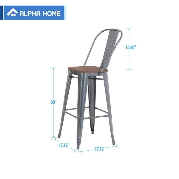 Shop Alpha Home 30 High Back Bar Stools With Wood Seat Vintage Metal Dining Chairs Stackable Industrial Counter Stool Overstock 30573891