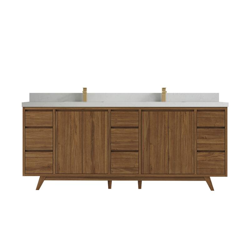 Willow Collections 84 in. W x 22 in. D Madison Teak Double Sink Bathroom Vanity with Countertop - 2" Carrara Quartz - Golden Teak
