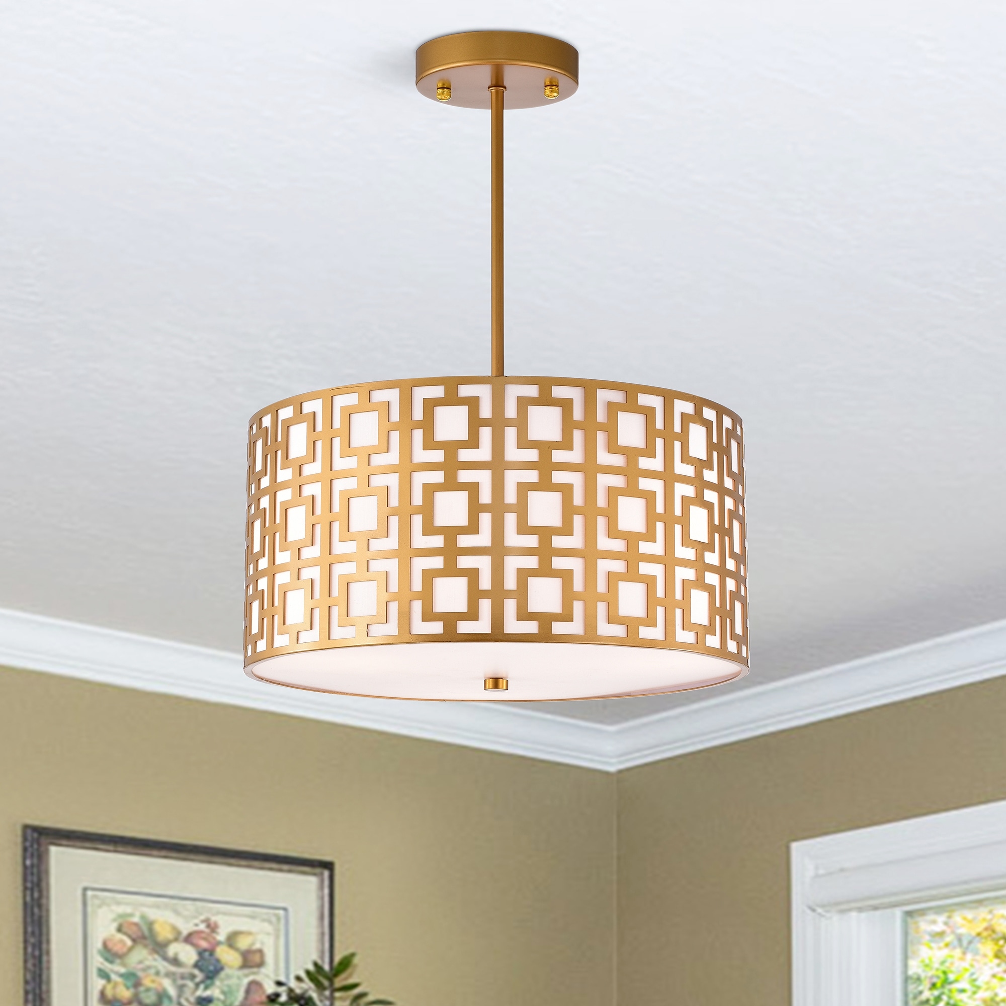 Warehouse of Tiffany Lewis Matte Gold 3-Light Metal/Fabric Geometric Pattern Drum Shade Chandelier
