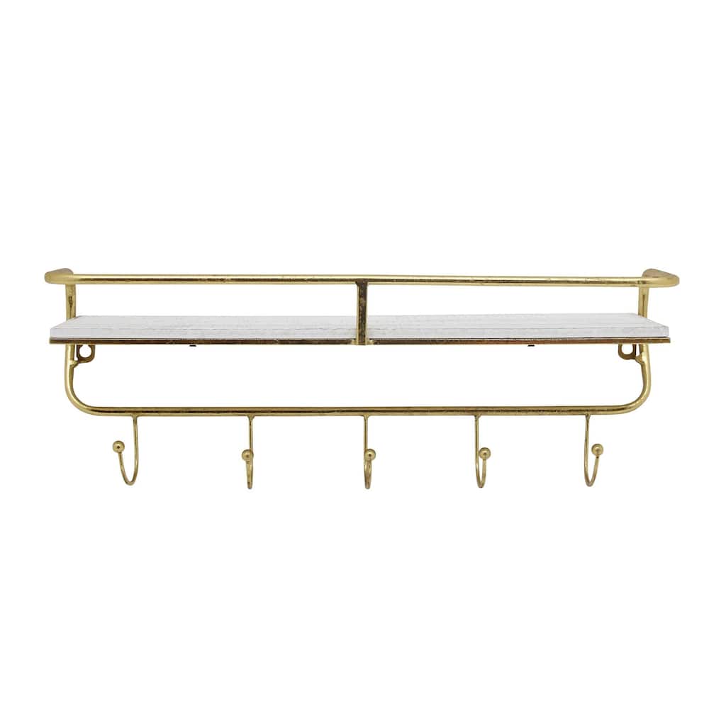 20" White and Gold Single Tier Wall Shelf with Hooks