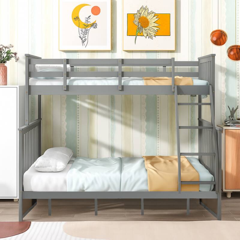Twin Over Full Bunk Bed , Wooden Bunk Bed with Ladder and Safety Guard Rails