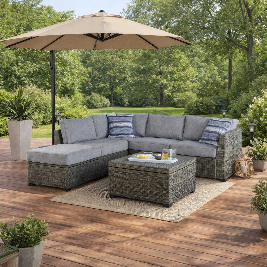 4 Piece Outdoor Sectional Sofa, Chaise, Storage Table, Throw Pillows, Gray