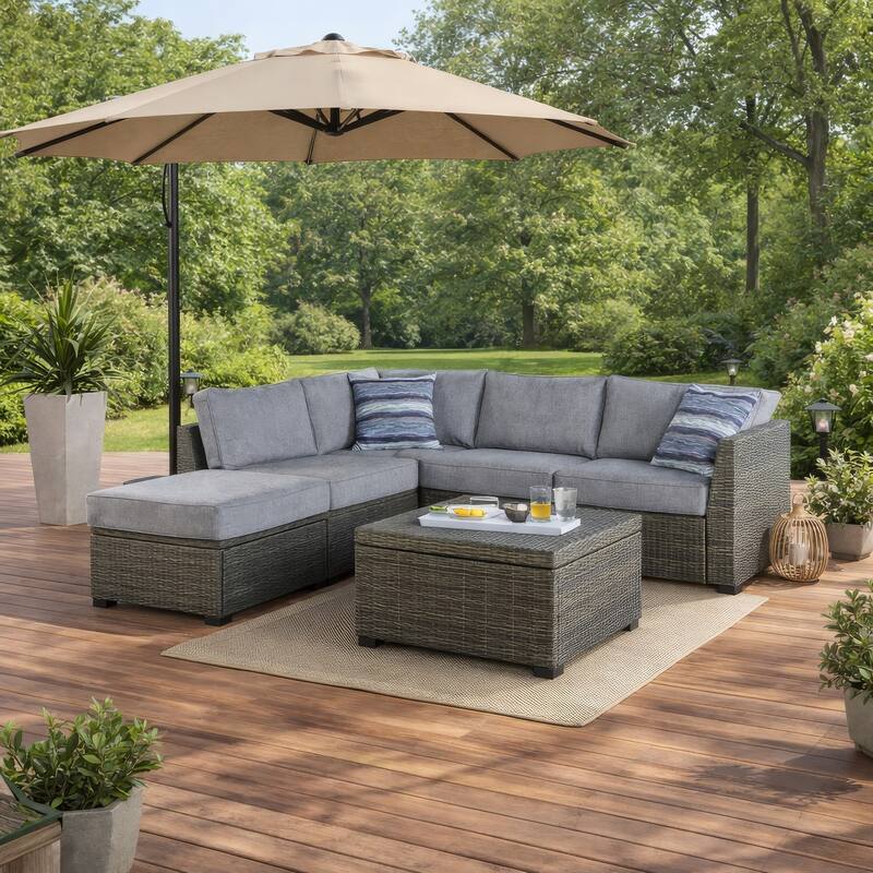 4 Piece Outdoor Sectional Sofa, Chaise, Storage Table, Throw Pillows, Gray